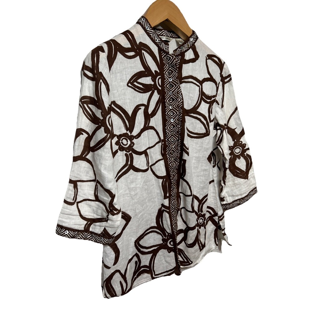 Laura Ashley 100% Linen Button Down‎ Blouse White Brown Floral Size S Boho